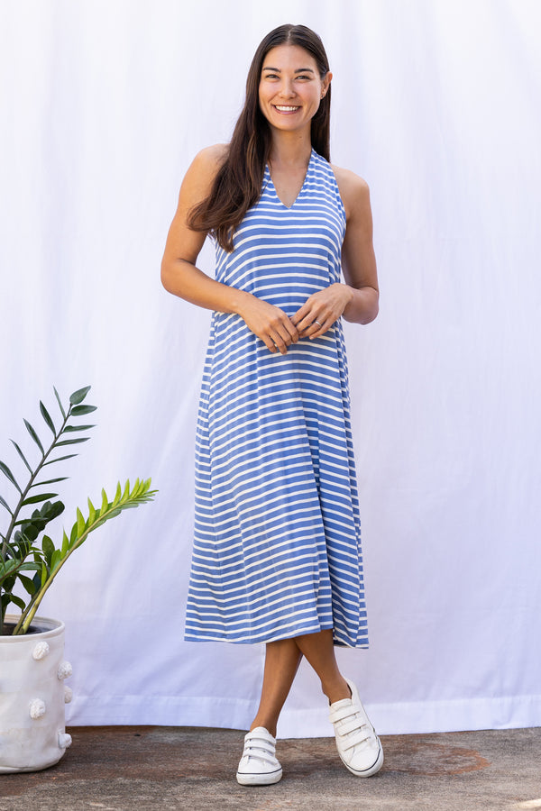 Lissa Twist-Back Midi Dress (Sky Blue Stripe)