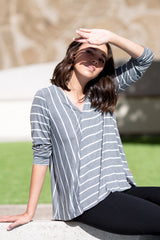 Gail L/S V-Neck Top (Charcoal Stripe) - M
