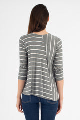 Gail L/S V-Neck Top (Charcoal Stripe) - M