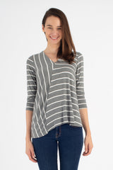 Gail L/S V-Neck Top (Charcoal Stripe) - M