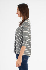 Gail L/S V-Neck Top (Charcoal Stripe) - M