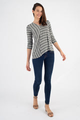 Gail L/S V-Neck Top (Charcoal Stripe) - M