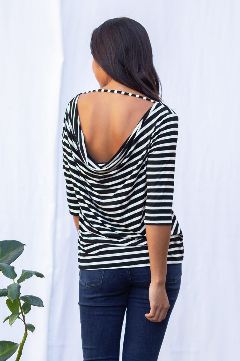 Sophie Cowl-Back Top (Black Stripe) -M