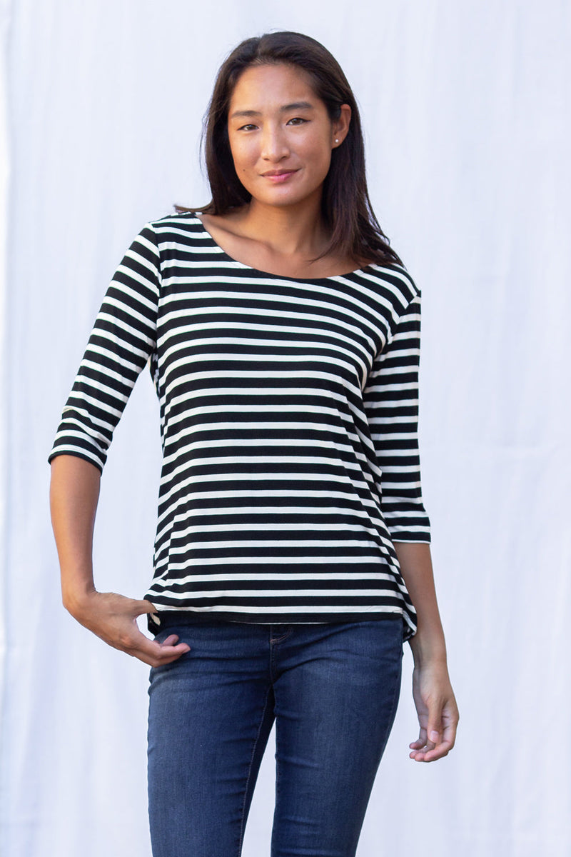 Sophie Cowl-Back Top (Black Stripe) -M
