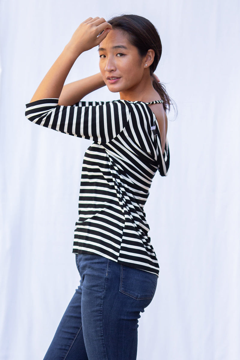 Sophie Cowl-Back Top (Black Stripe) -M
