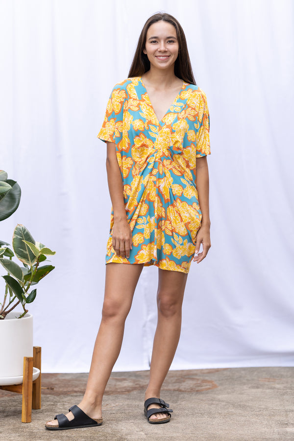 Jade Pleated Kaftan Dress (Golden Bloom) - XS