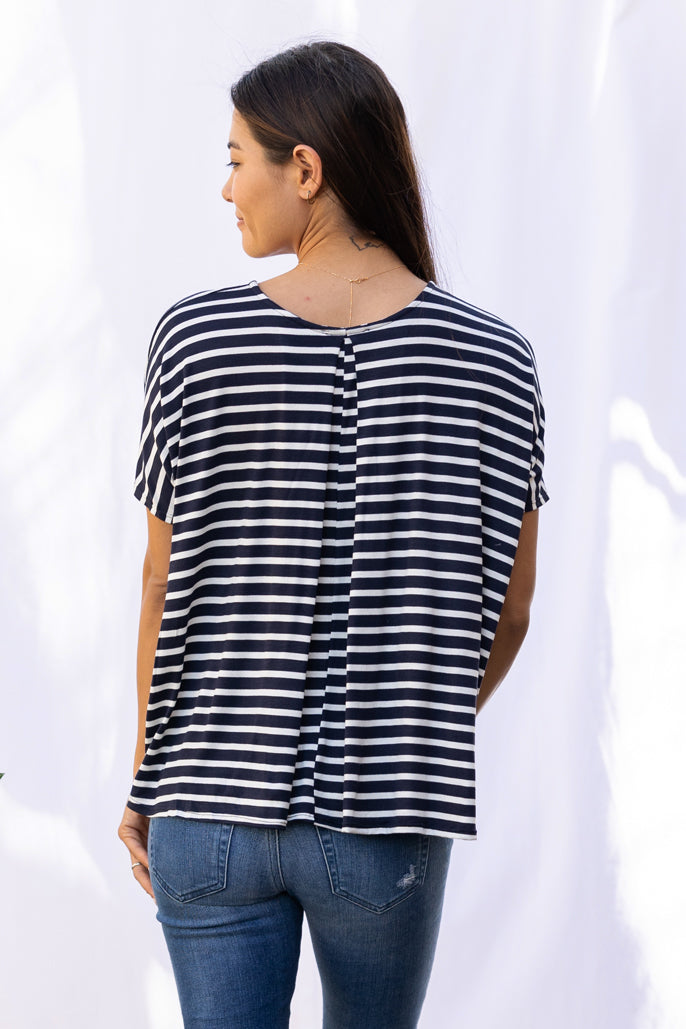 Alisa Box Pleat Top (Navy Stripe)