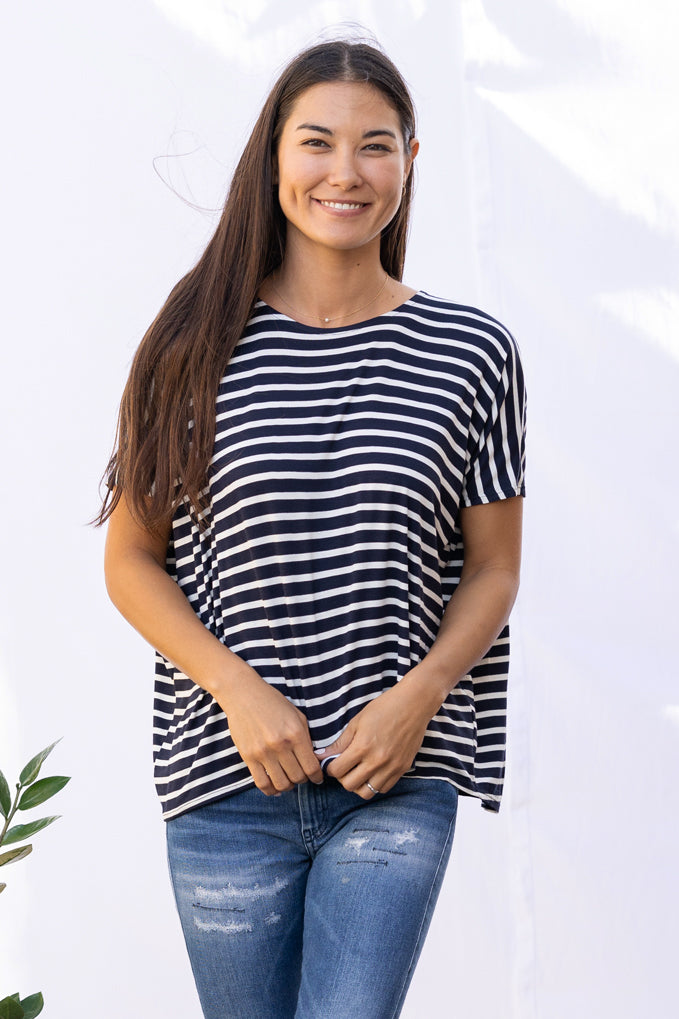 Alisa Box Pleat Top (Navy Stripe)