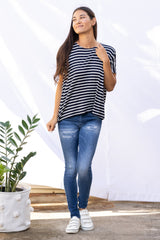 Alisa Box Pleat Top (Navy Stripe)