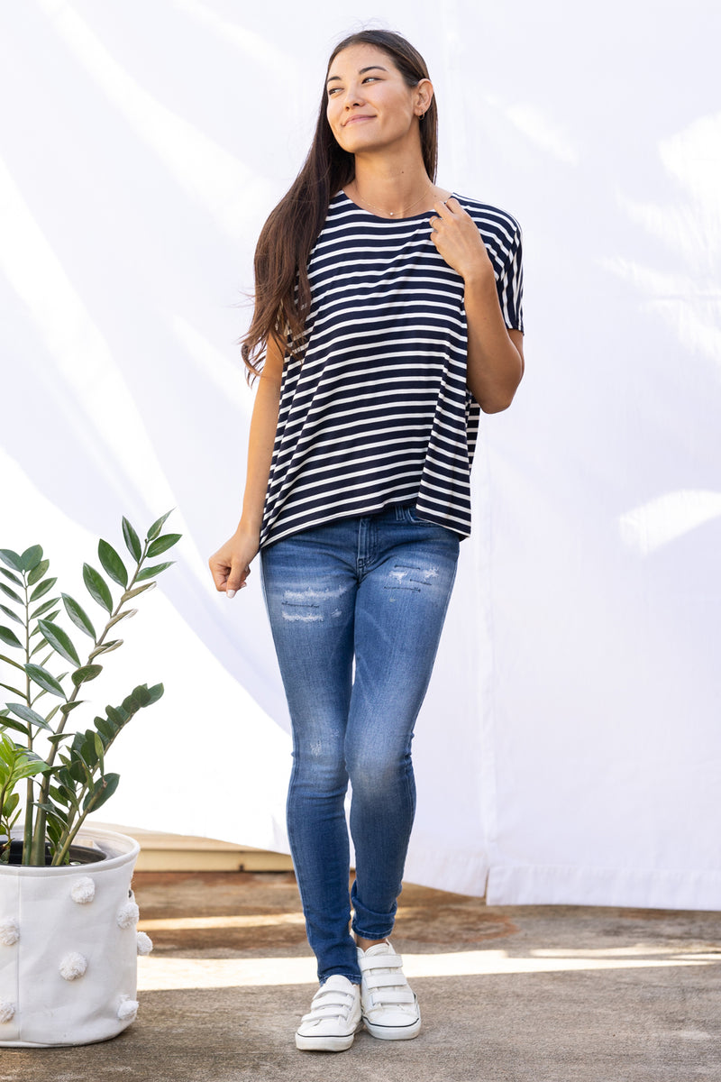 Alisa Box Pleat Top (Navy Stripe)