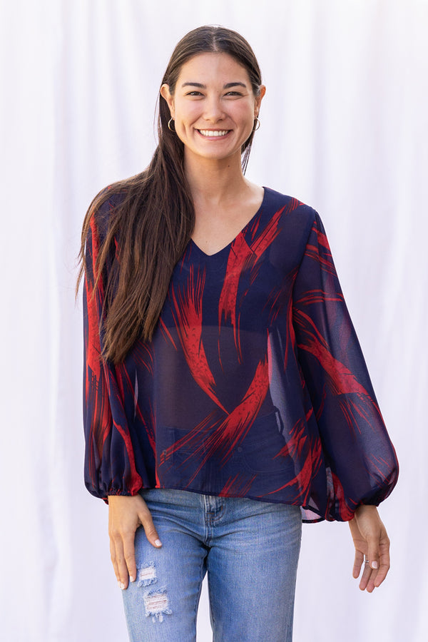 Vivian Blouse (Navy/Red Chiffon)