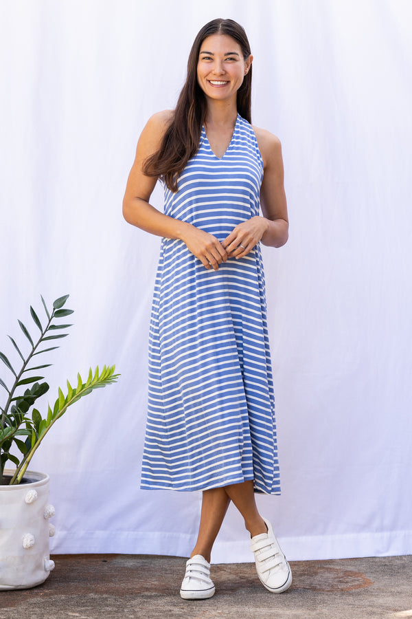 Lissa Twist-Back Midi Dress (Sky Blue Stripe)