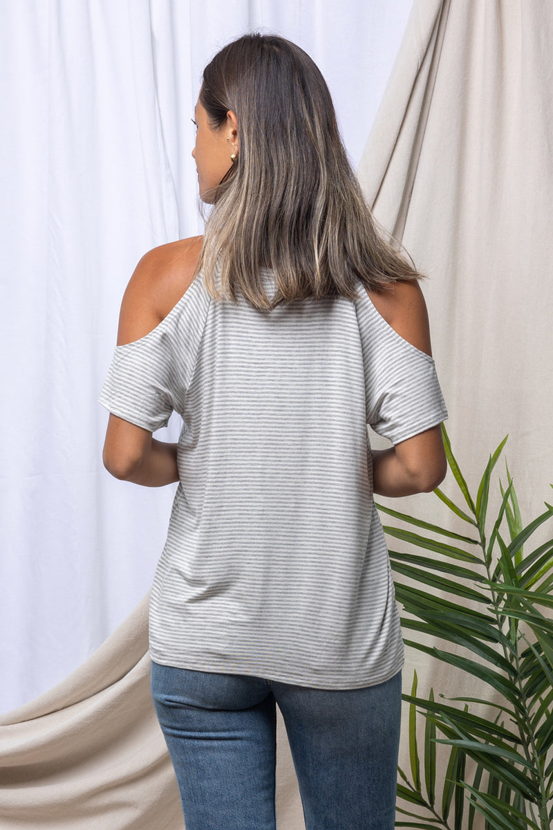 Jennifer Cold Shoulder Top (Lt Grey Baby Stripe)