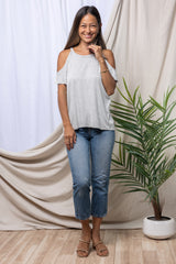 Jennifer Cold Shoulder Top (Lt Grey Baby Stripe)