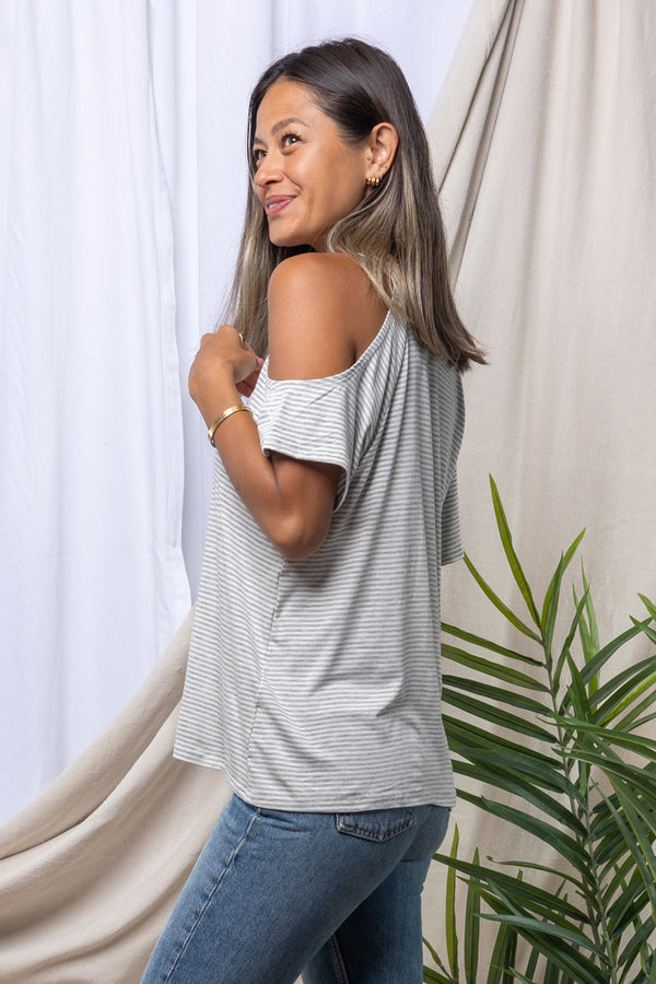 Jennifer Cold Shoulder Top (Lt Grey Baby Stripe)