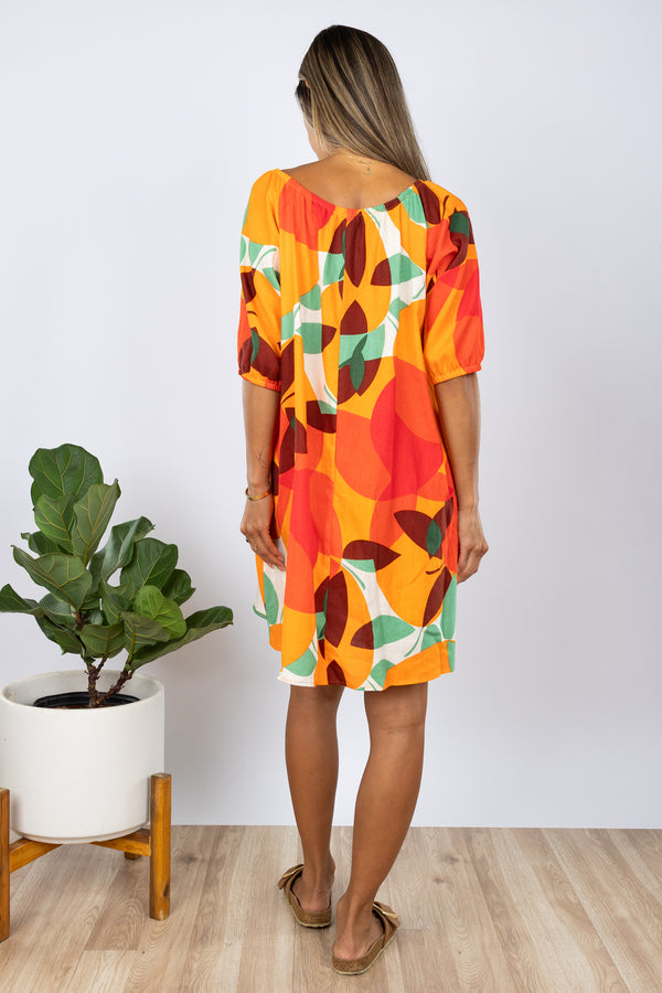 Yuki Gathered Dress (Tangerine Linen)