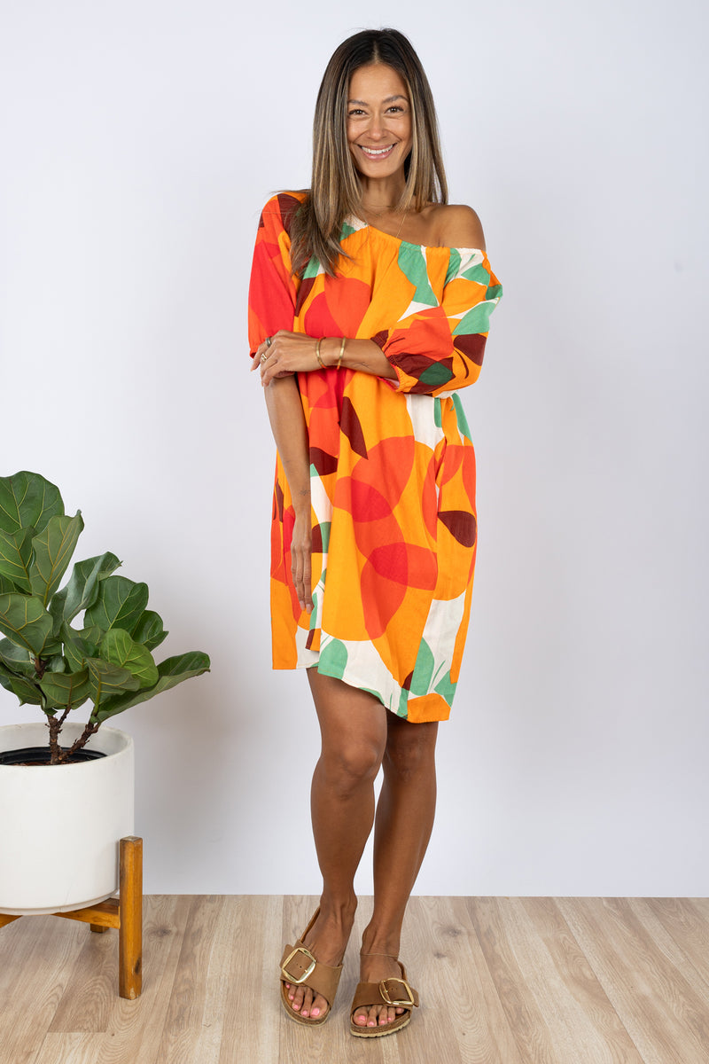 Yuki Gathered Dress (Tangerine Linen)