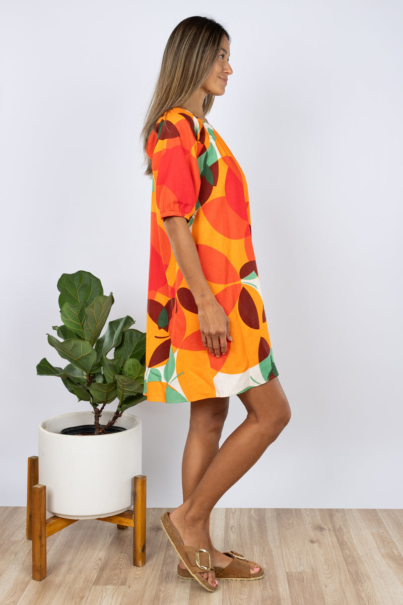 Yuki Gathered Dress (Tangerine Linen)