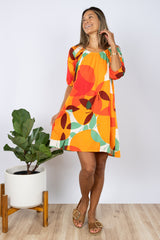 Yuki Gathered Dress (Tangerine Linen)