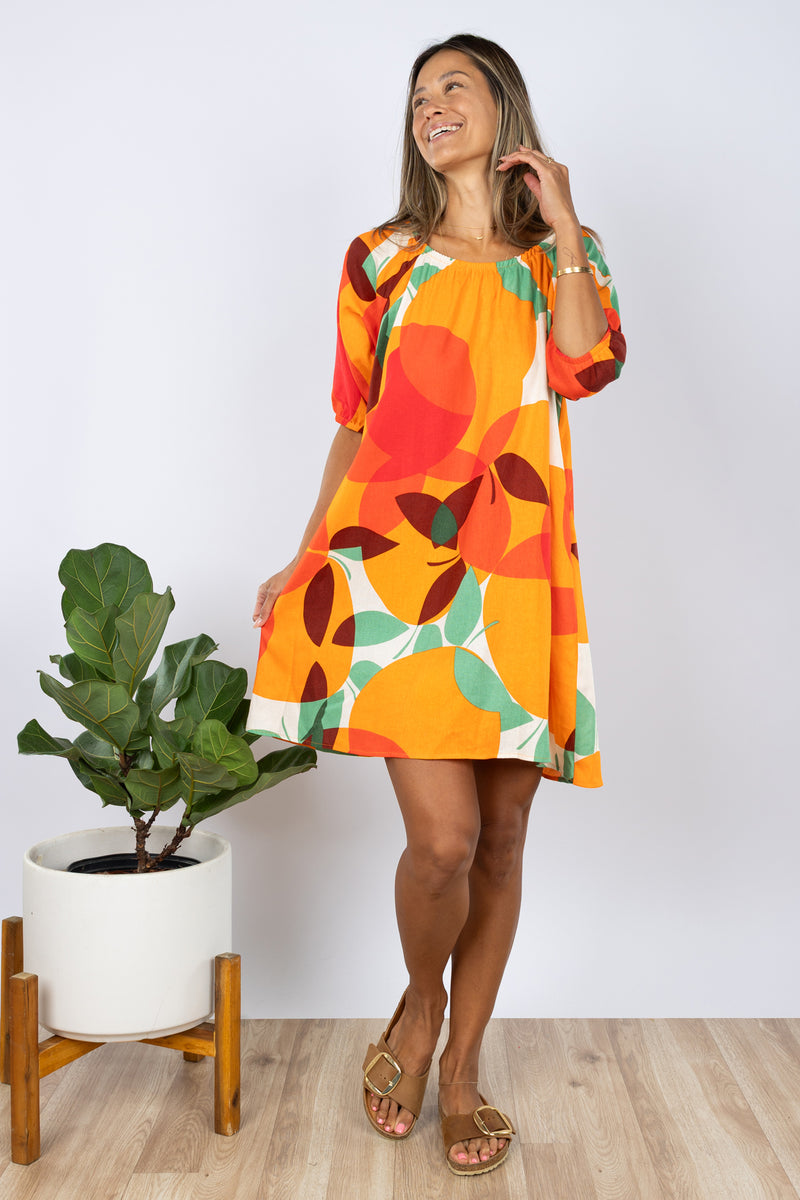 Yuki Gathered Dress (Tangerine Linen)