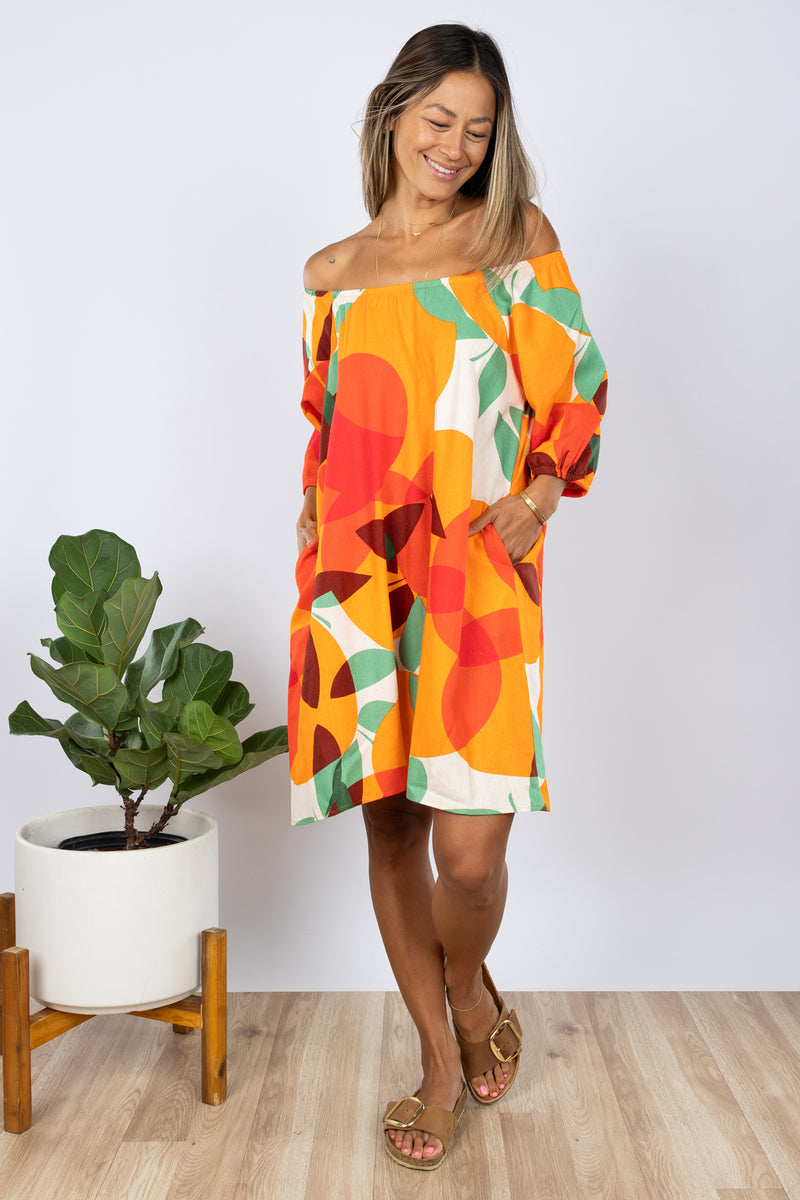 Yuki Gathered Dress (Tangerine Linen)