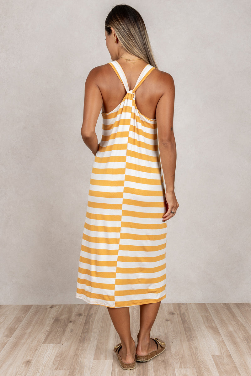 Lissa Twist-Back Midi Dress (Mango Stripe)