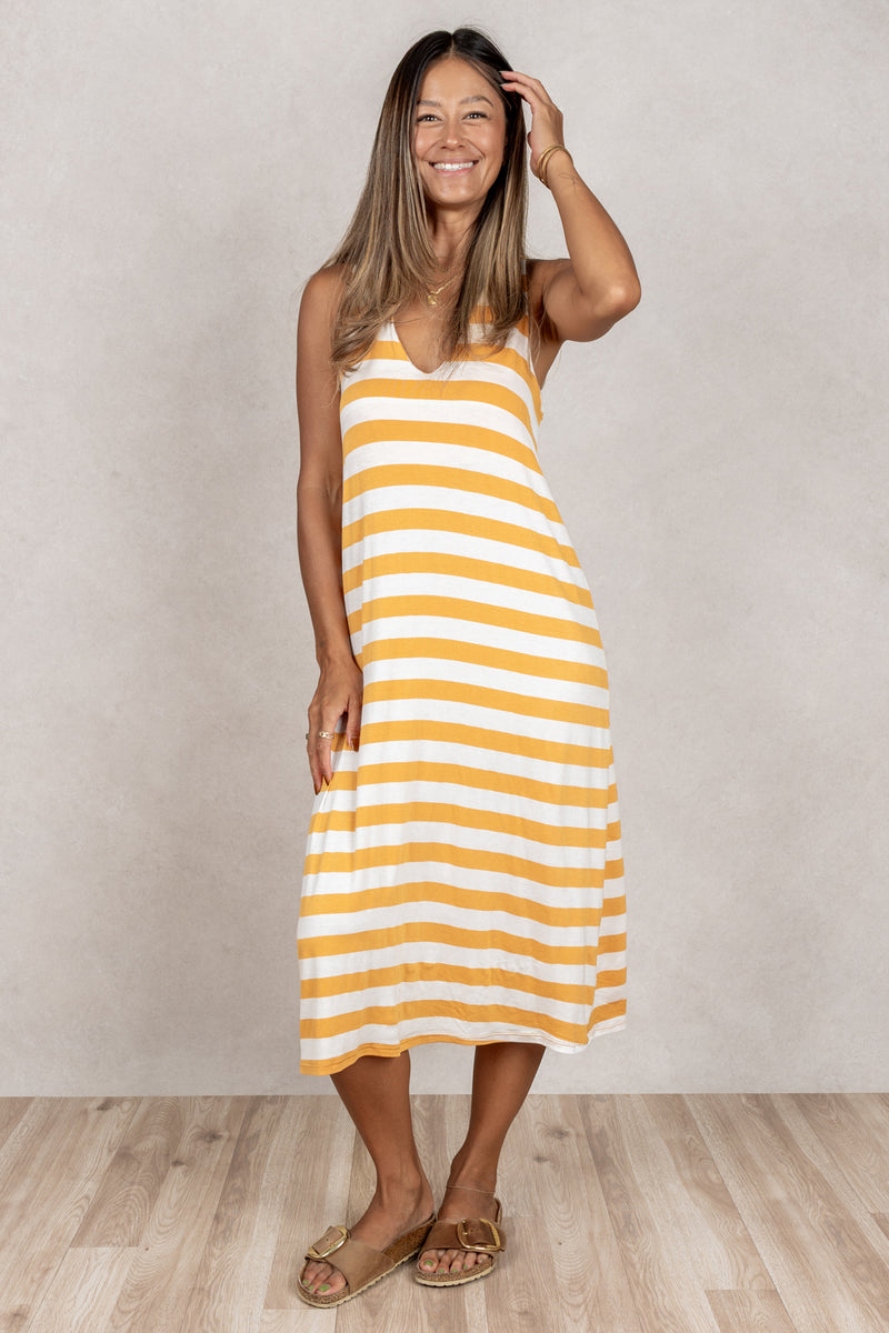 Lissa Twist-Back Midi Dress (Mango Stripe)
