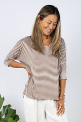 Julie 3/4 Sleeve Top (Mocha Stripe)