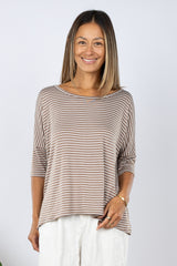 Julie 3/4 Sleeve Top (Mocha Stripe)