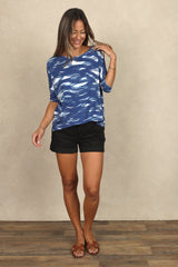 Julie 3/4 Sleeve Top (Indigo Waves)