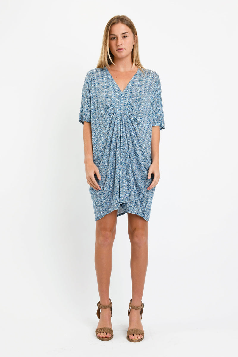 Jade Pleated Kaftan Dress (Blue Hexagon) - XS