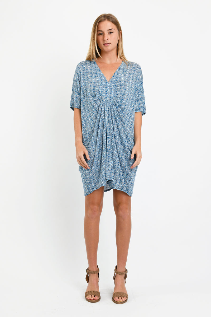 Jade Pleated Kaftan Dress (Blue Hexagon) - L