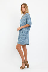 Jade Pleated Kaftan Dress (Blue Hexagon) - L