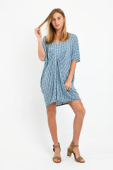 Jade Pleated Kaftan Dress (Blue Hexagon) - L