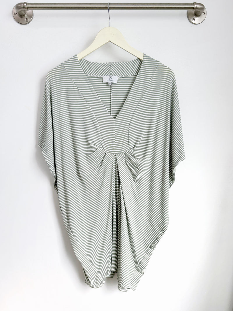 Jade Pleated Kaftan Dress (Sage Stripe) - XS