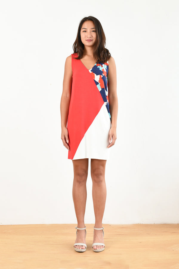 Kimberly Color-block Dress (Red/Splash Print) - XS