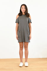 Jennifer Cold Shoulder Dress (Navy Stripe) - M