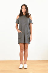 Jennifer Cold Shoulder Dress (Navy Stripe) - M