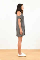 Jennifer Cold Shoulder Dress (Navy Stripe) - M