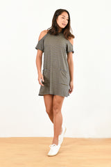 Jennifer Cold Shoulder Dress (Navy Stripe) - M