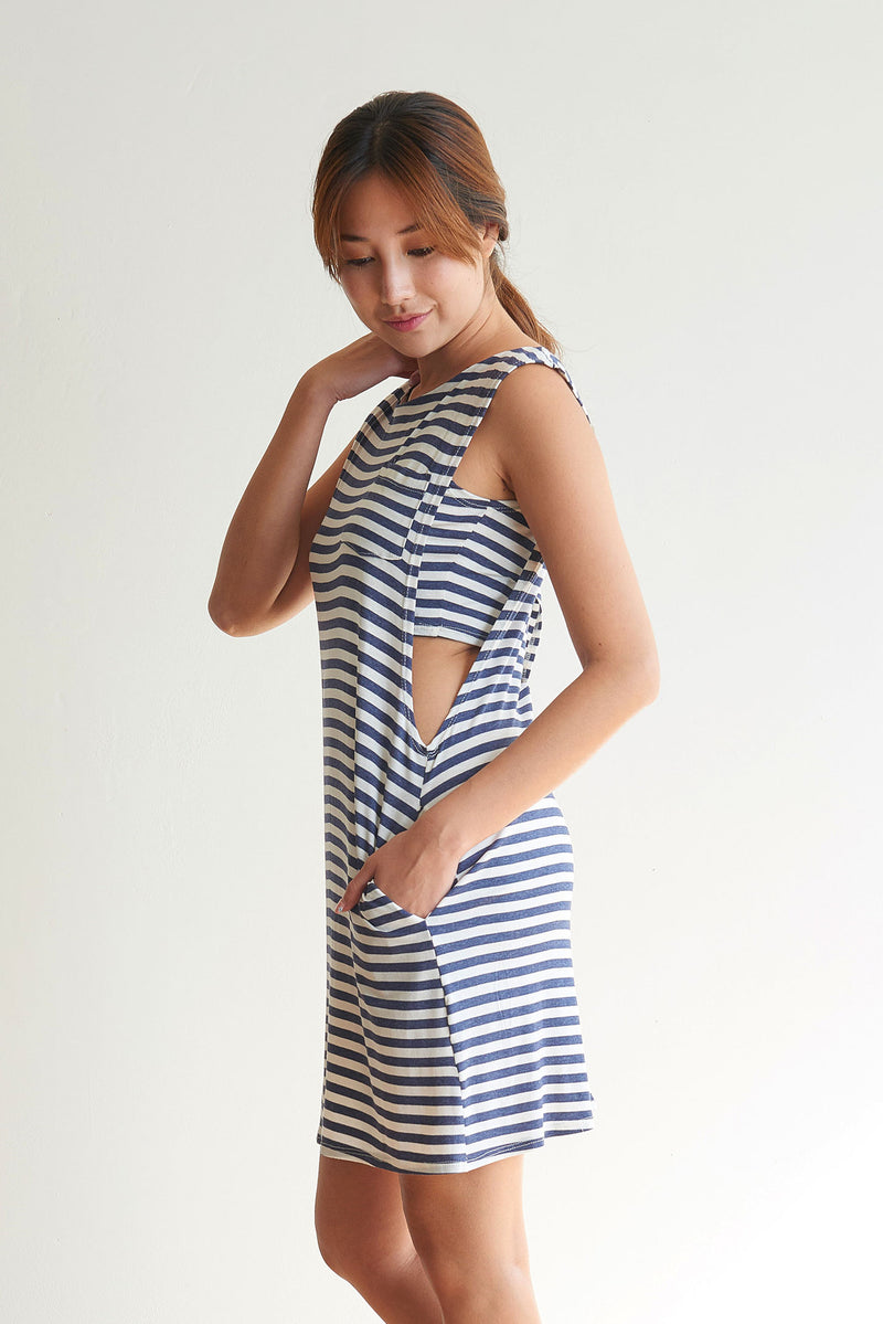 Drew Layered Tank Dress (Blue Stripe) - XS