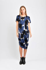 Roxanne Asymmetrical T-Shirt Dress (Blue Paint Brush) - S