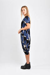 Roxanne Asymmetrical T-Shirt Dress (Blue Paint Brush) - S
