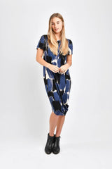 Roxanne Asymmetrical T-Shirt Dress (Blue Paint Brush) - S