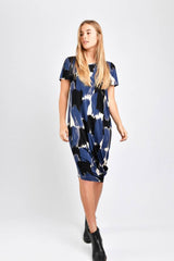 Roxanne Asymmetrical T-Shirt Dress (Blue Paint Brush) - S