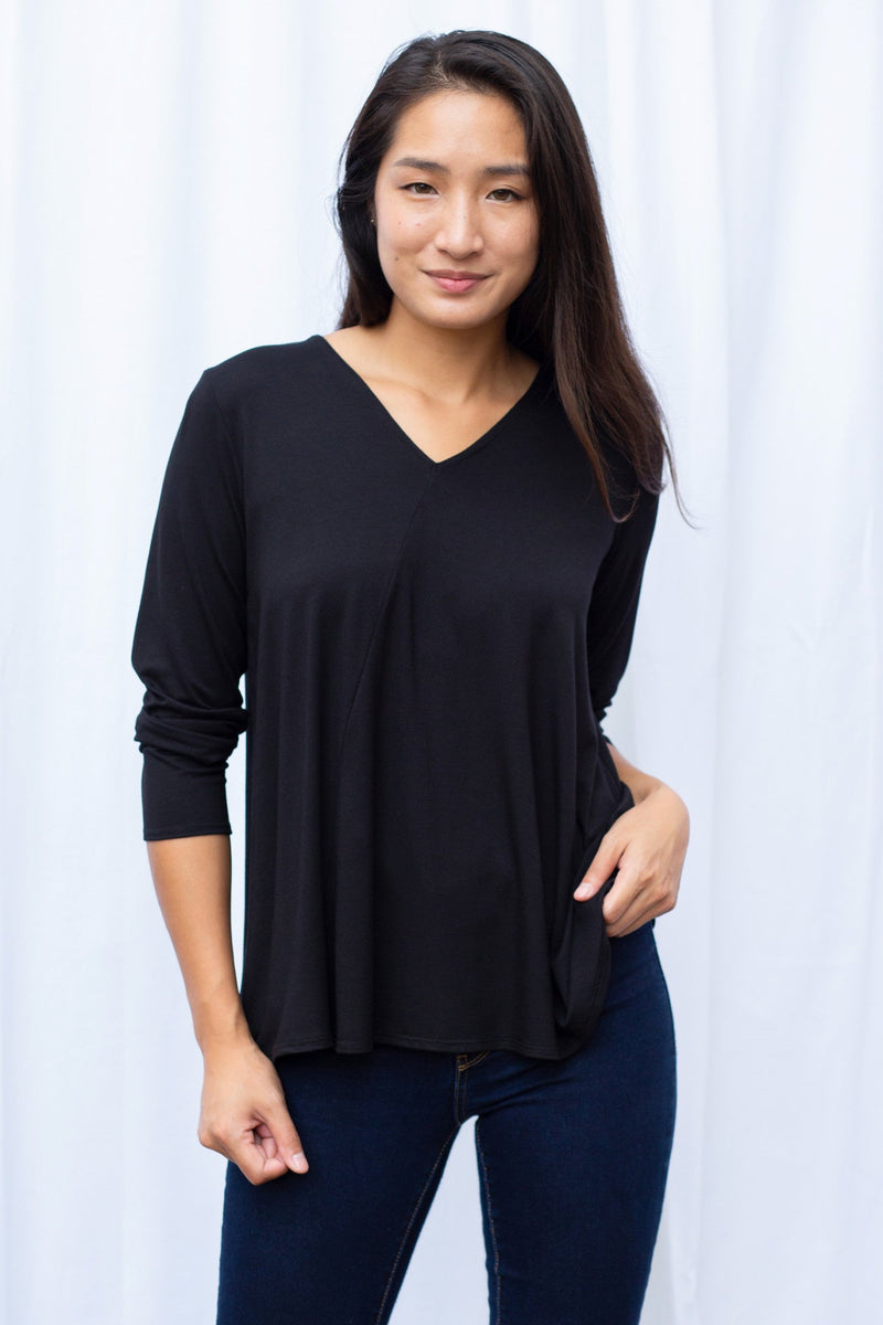 Gail L/S V-Neck Top (Black) - L