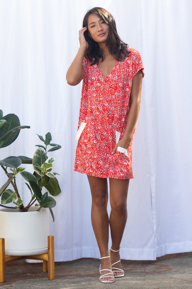 Dawn V-Neck Dress (Wildflower Red)