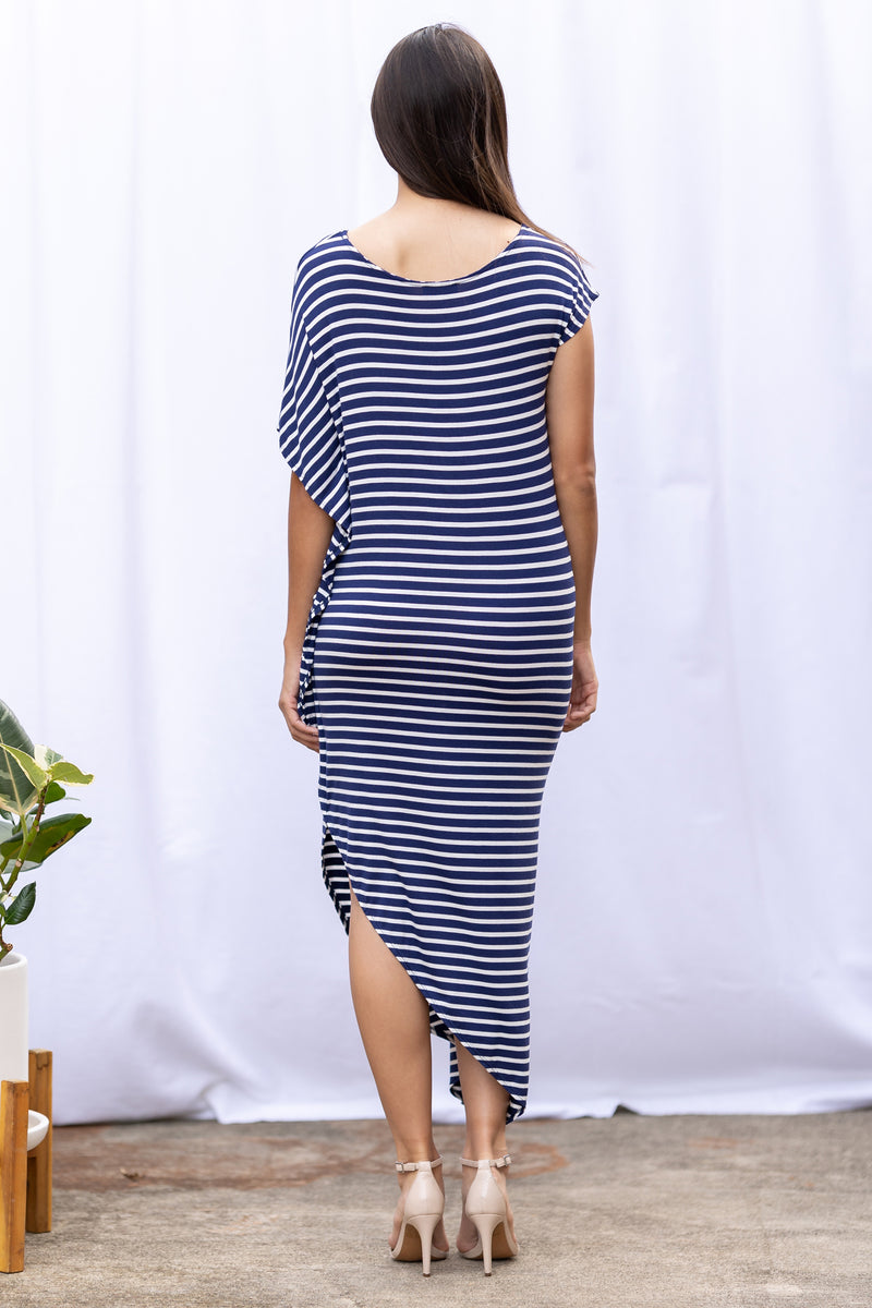 Lola Asymmetrical Dress (Navy Stripe)