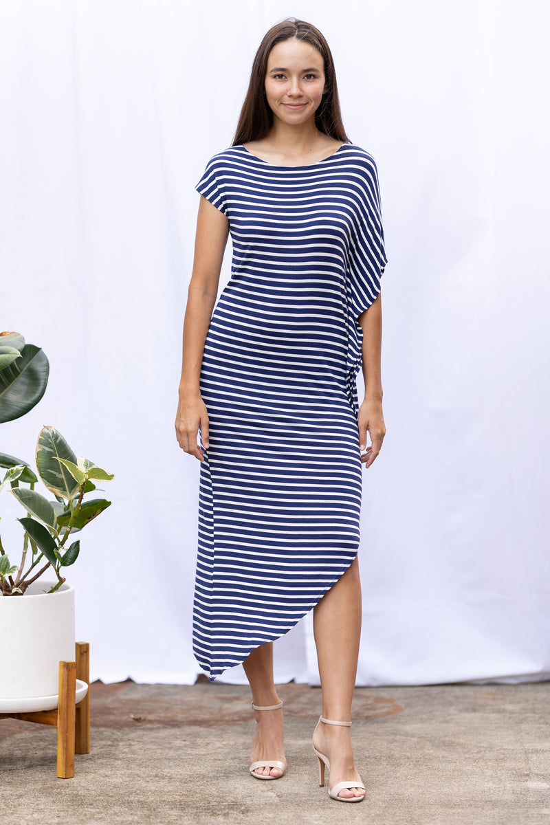 Lola Asymmetrical Dress (Navy Stripe)
