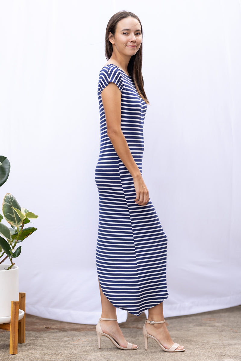 Lola Asymmetrical Dress (Navy Stripe)